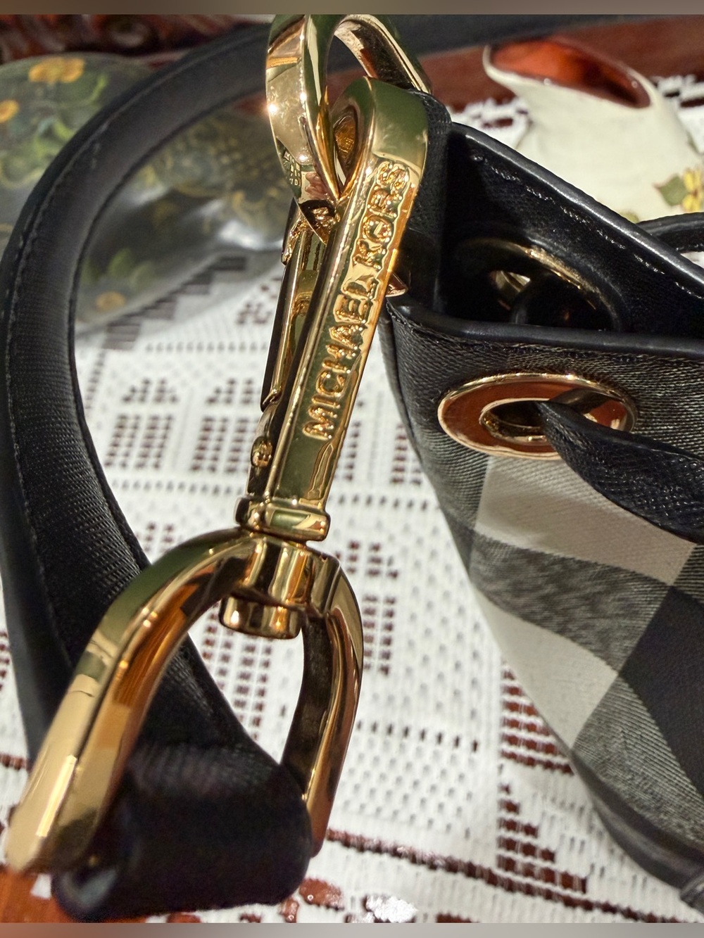 Michael Kors Black & White Gingham Drawstring Bucket Bag - Picture 6 of 16